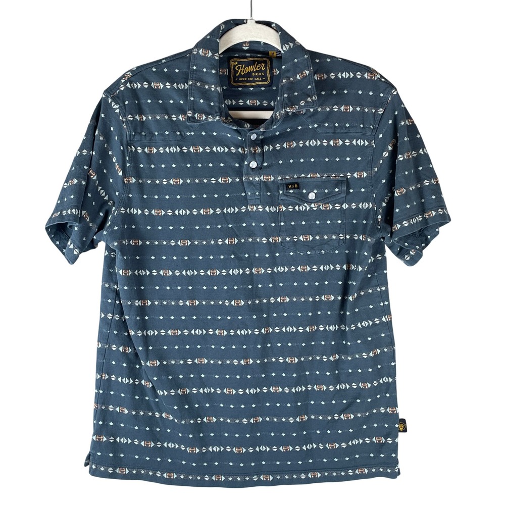 Howler Brothers Polo Shirt Mens M Blue Very Good Geometric Pearl Snap Western